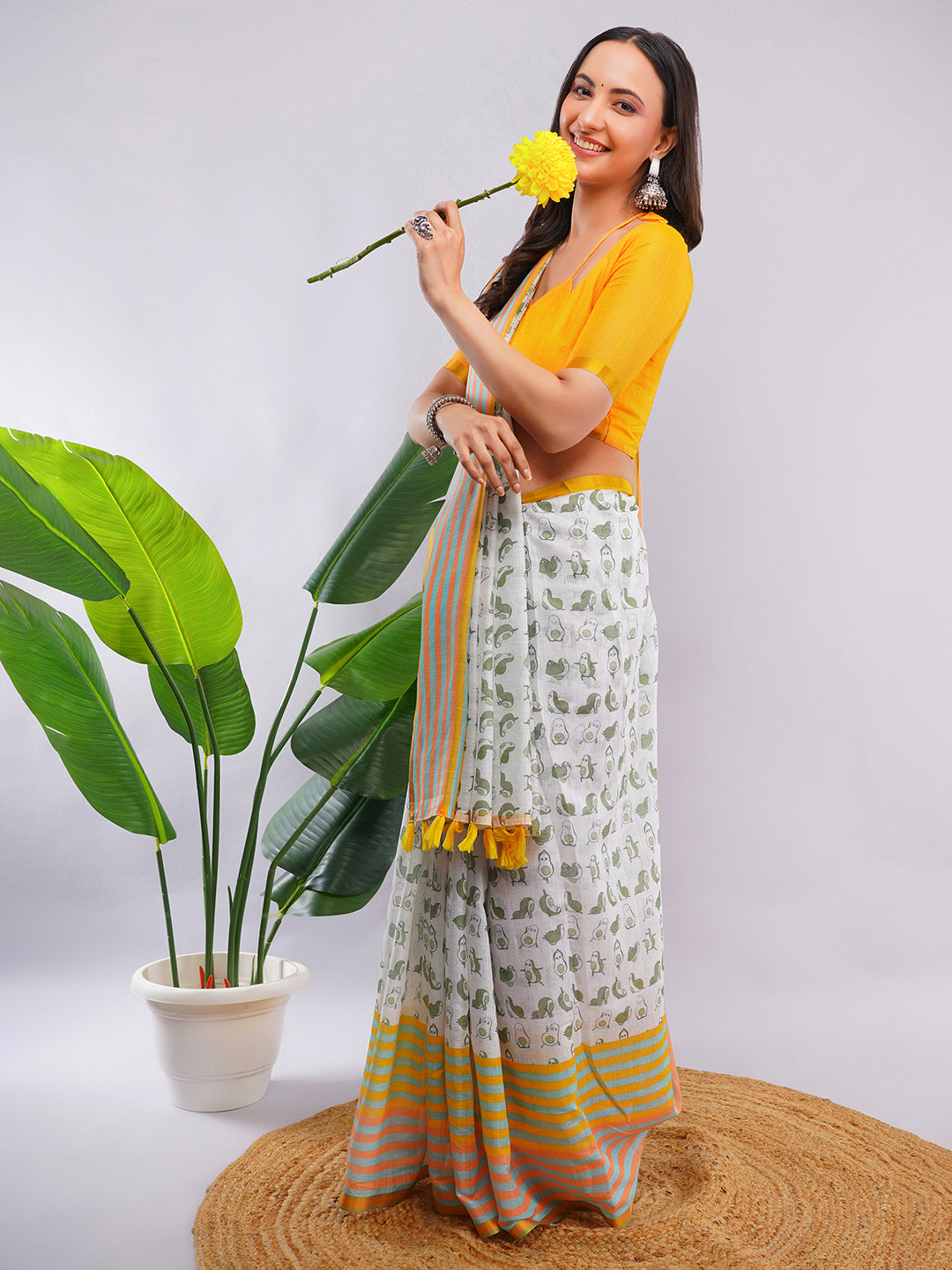 Samantha Women's White & Pista Green Linen Saree with Quirky Avocado & Penguin Print | Funky Breathable Summer Wear