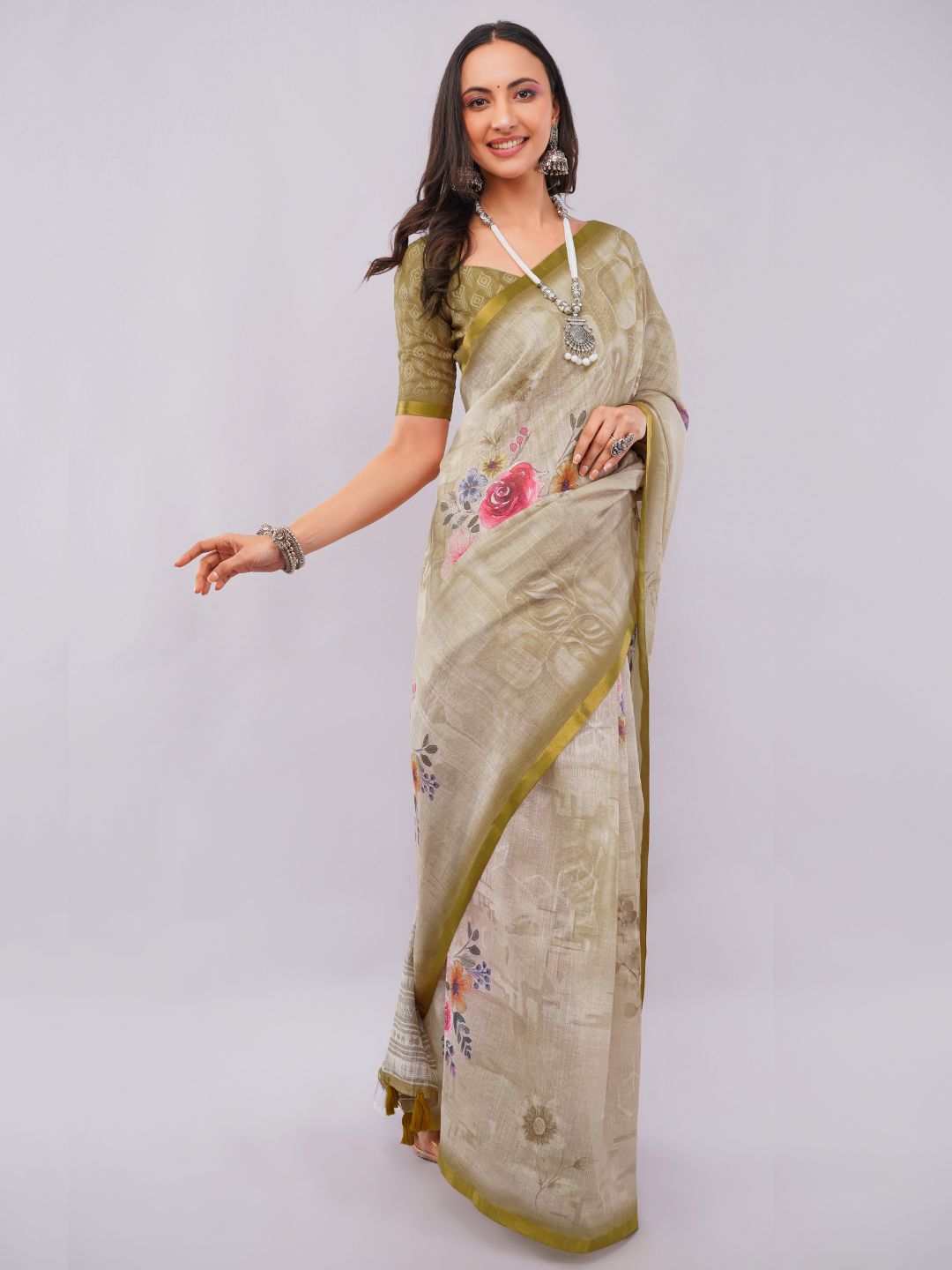 Samantha Women's Beige Linen Saree with Vintage Floral Print & Olive Green Printed Blouse | Breathable Elegant Office Wear