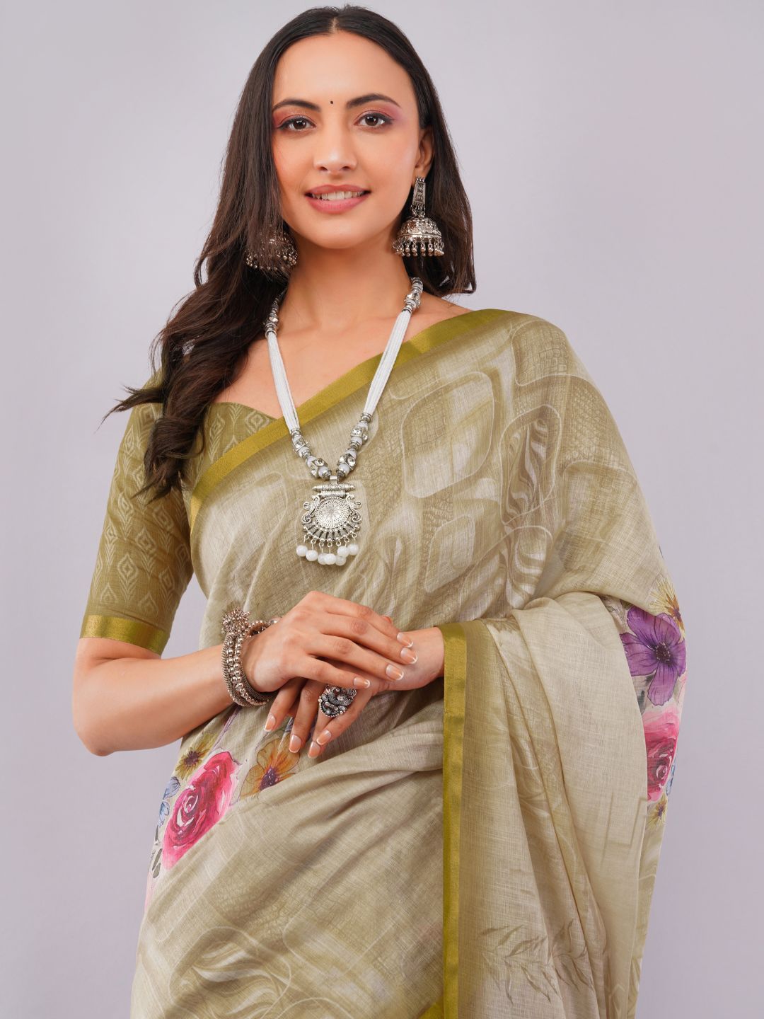 Samantha Women's Beige Linen Saree with Vintage Floral Print & Olive Green Printed Blouse | Breathable Elegant Office Wear