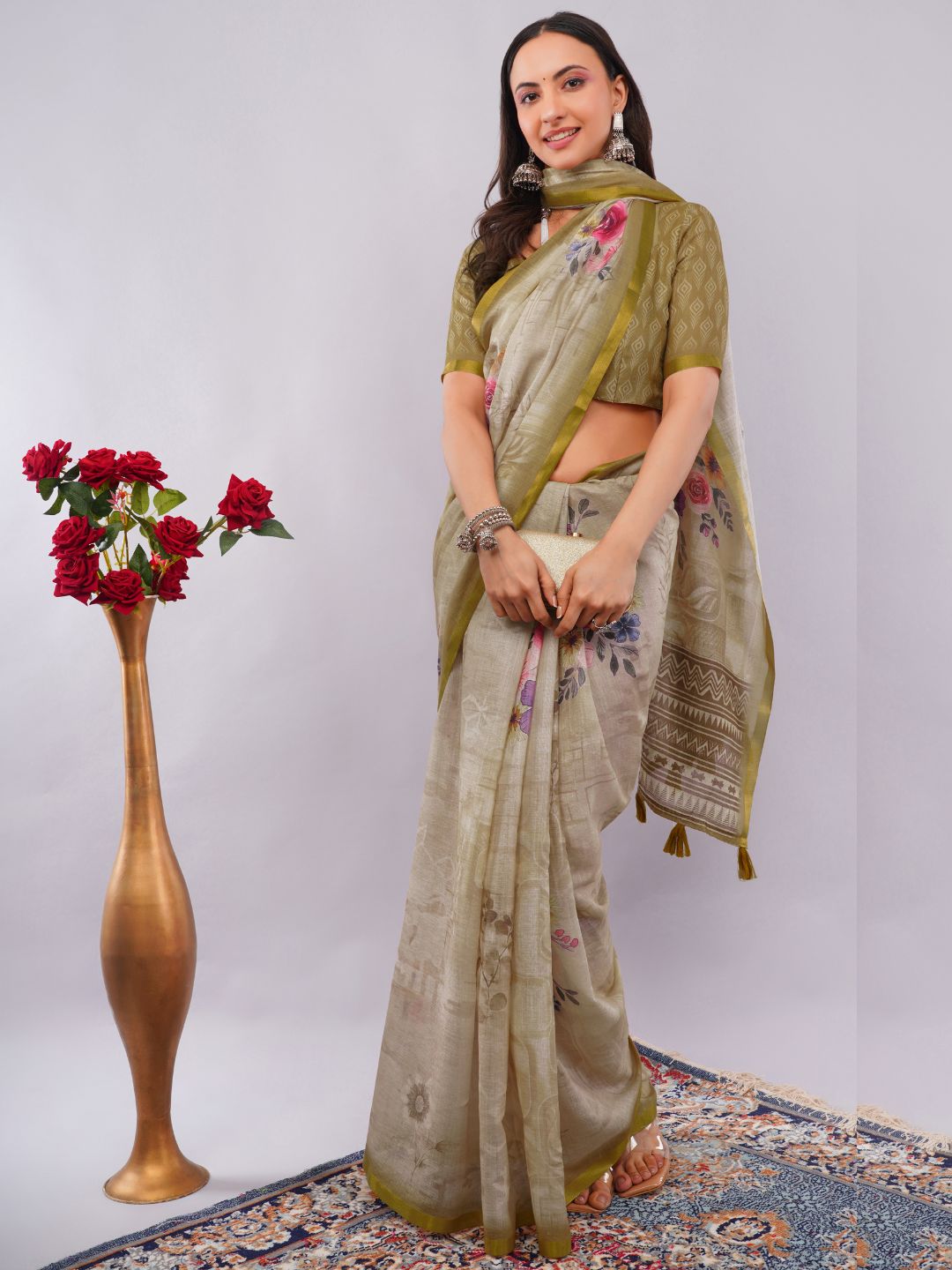 Samantha Women's Beige Linen Saree with Vintage Floral Print & Olive Green Printed Blouse | Breathable Elegant Office Wear