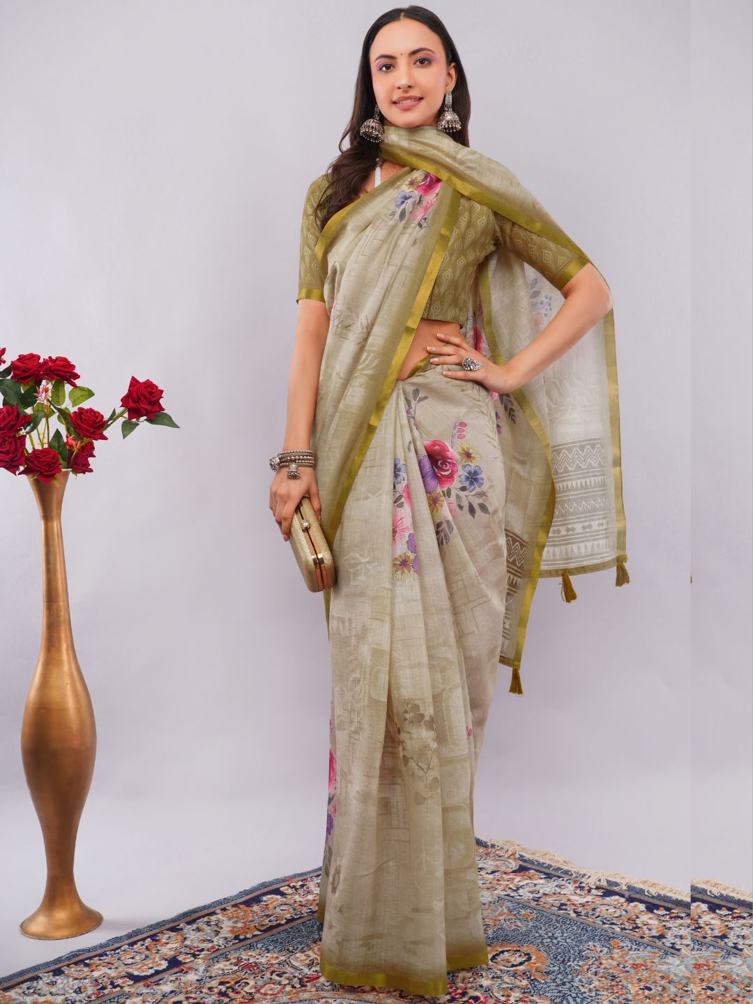Samantha Women's Beige Linen Saree with Vintage Floral Print & Olive Green Printed Blouse | Breathable Elegant Office Wear