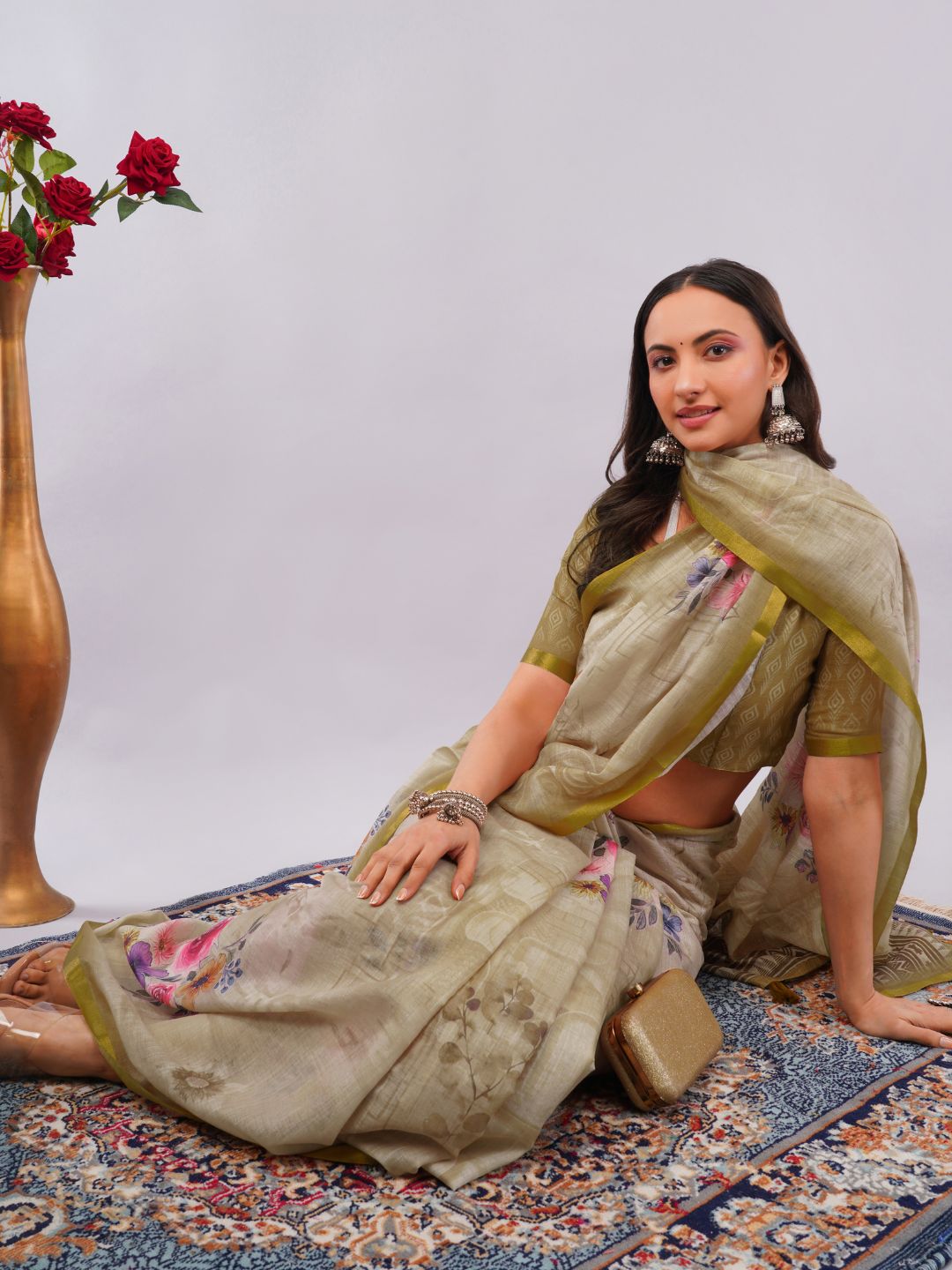 Samantha Women's Beige Linen Saree with Vintage Floral Print & Olive Green Printed Blouse | Breathable Elegant Office Wear