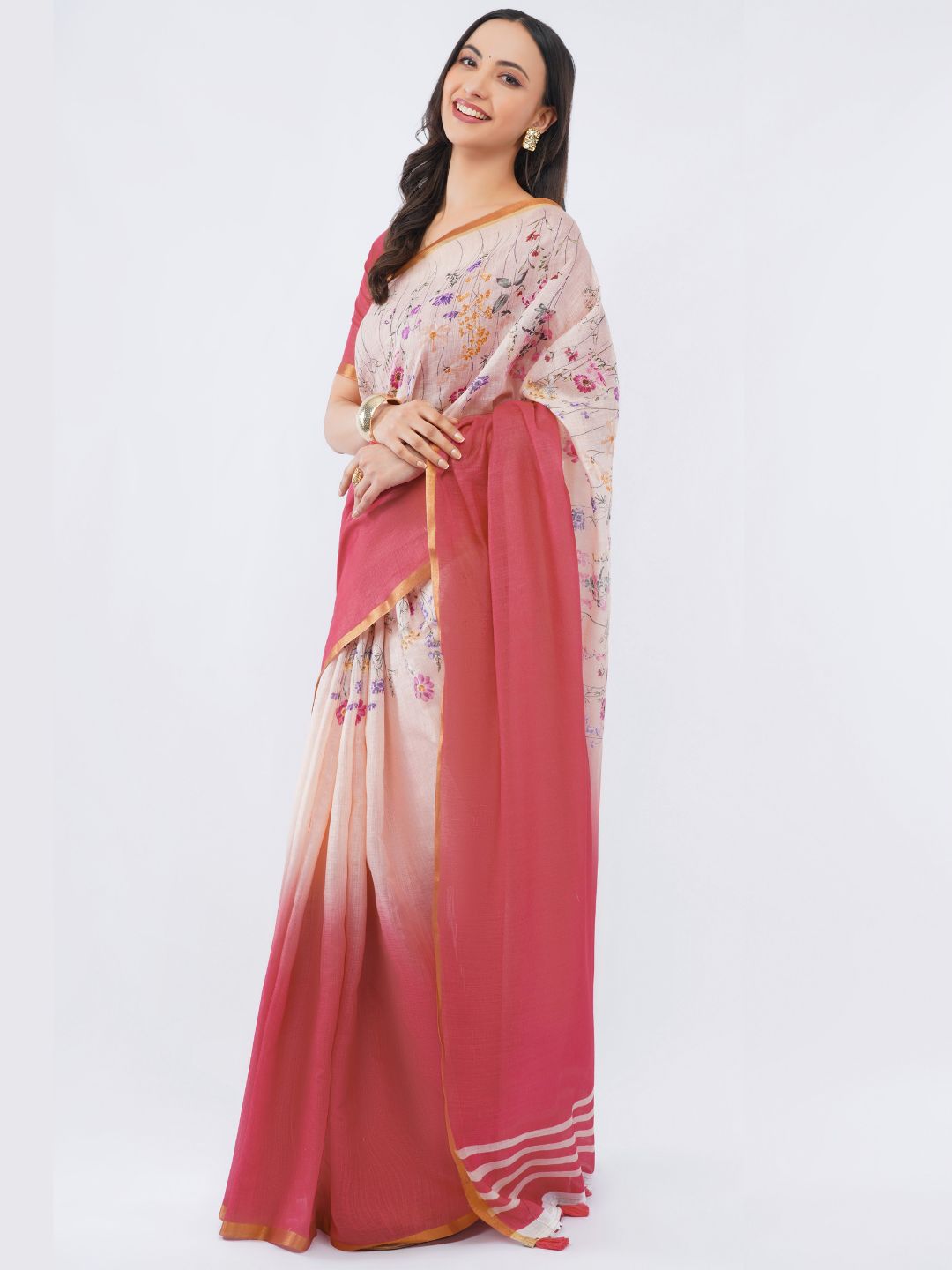 Samantha Women's Peach & Wine Red Ombre Linen Saree with Wildflower Floral Print & Contrast Blouse | Breathable Lightweight Summer Wear