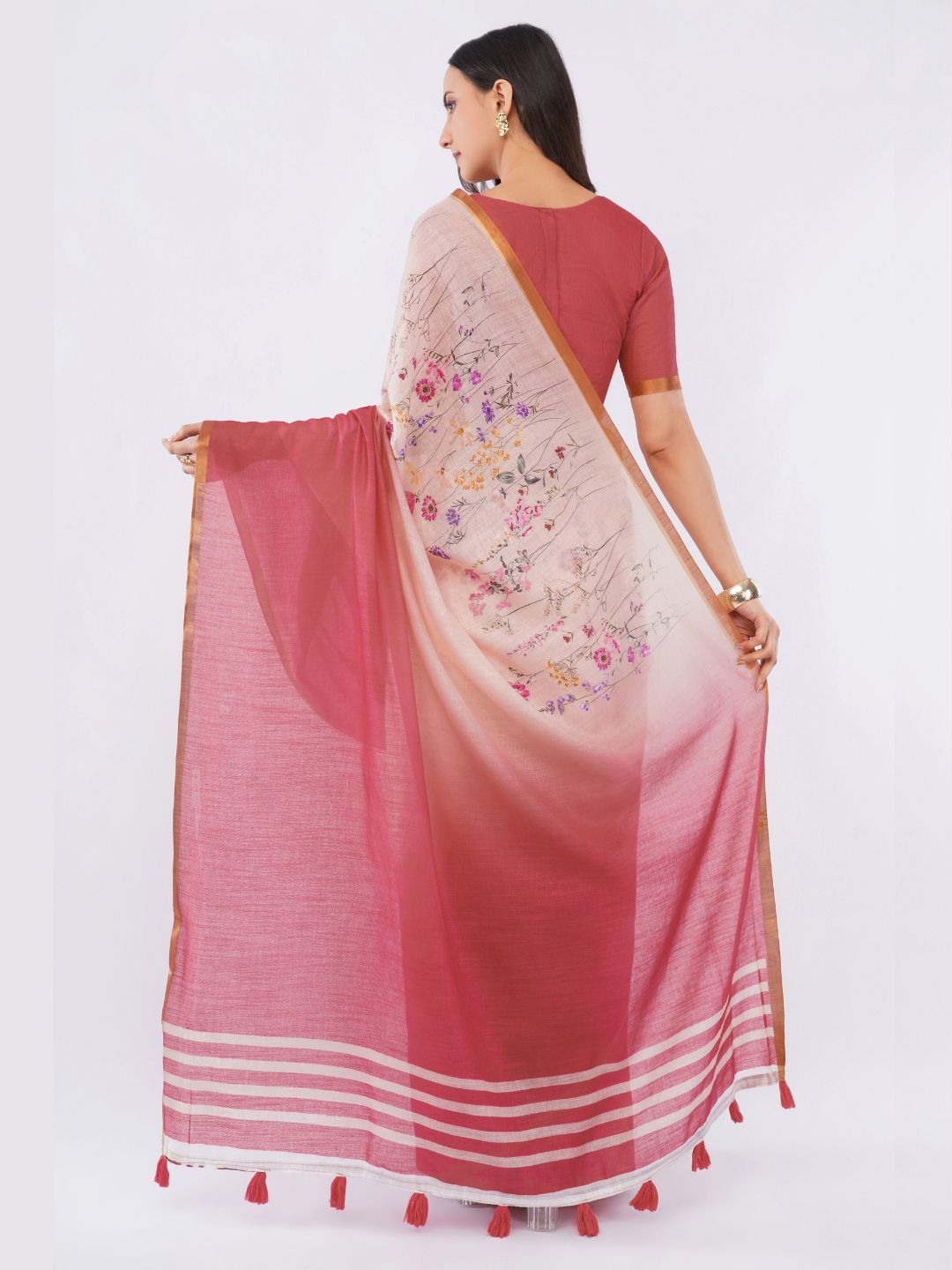 Samantha Women's Peach & Wine Red Ombre Linen Saree with Wildflower Floral Print & Contrast Blouse | Breathable Lightweight Summer Wear