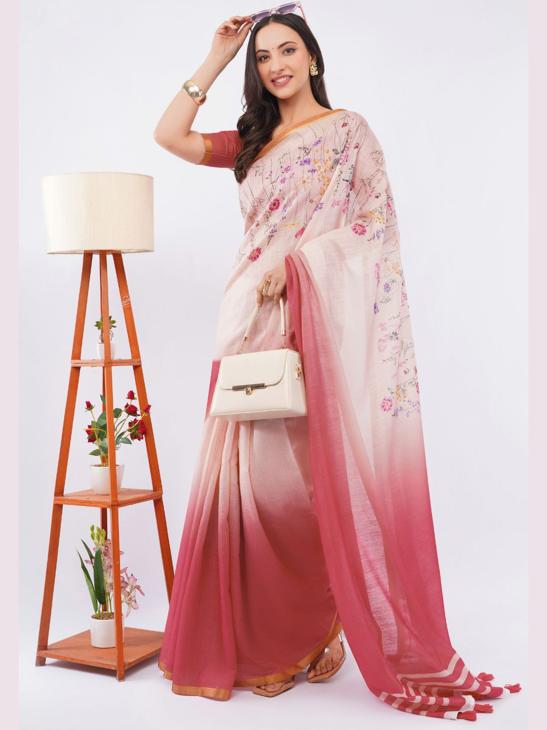 Samantha Women's Peach & Wine Red Ombre Linen Saree with Wildflower Floral Print & Contrast Blouse | Breathable Lightweight Summer Wear