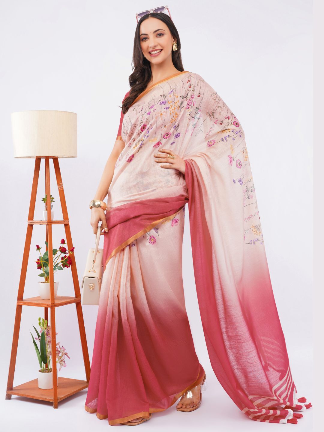 Samantha Women's Peach & Wine Red Ombre Linen Saree with Wildflower Floral Print & Contrast Blouse | Breathable Lightweight Summer Wear