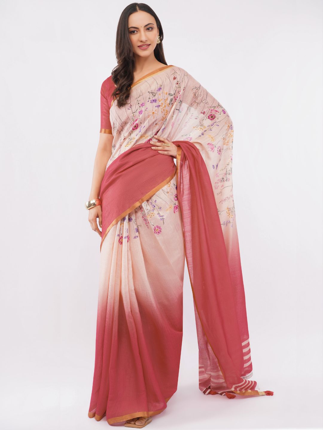 Peach and wine red ombre linen saree with wildflower floral prints draped by woman for romantic evening wear by Samantha