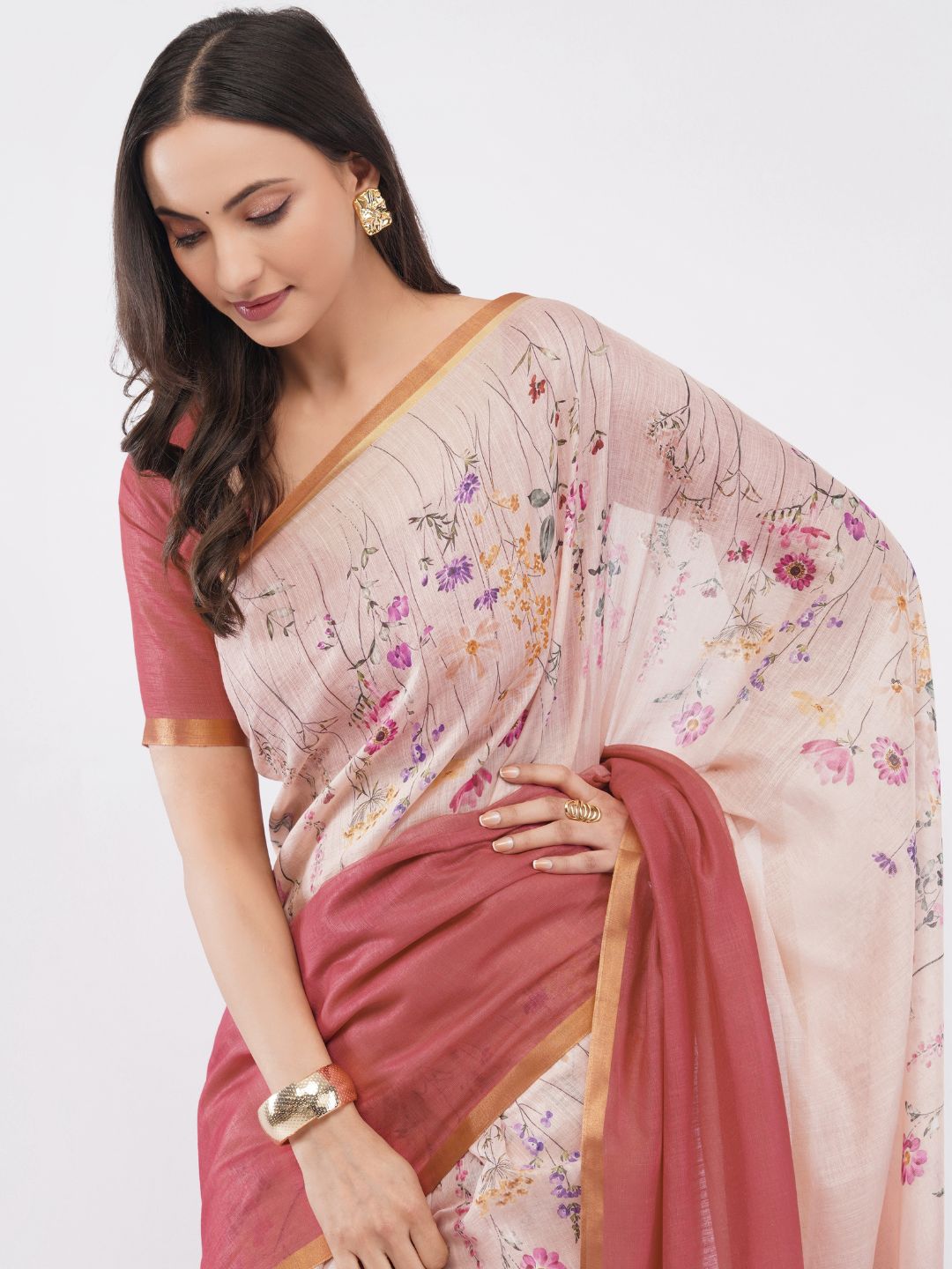 Samantha Women's Peach & Wine Red Ombre Linen Saree with Wildflower Floral Print & Contrast Blouse | Breathable Lightweight Summer Wear