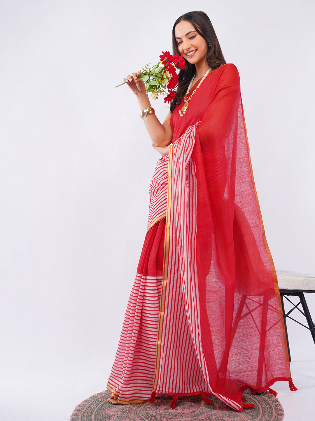 Samantha Women's Crimson Red & White Striped Linen Saree with Contrast Blouse | Bold Breathable Summer Wear