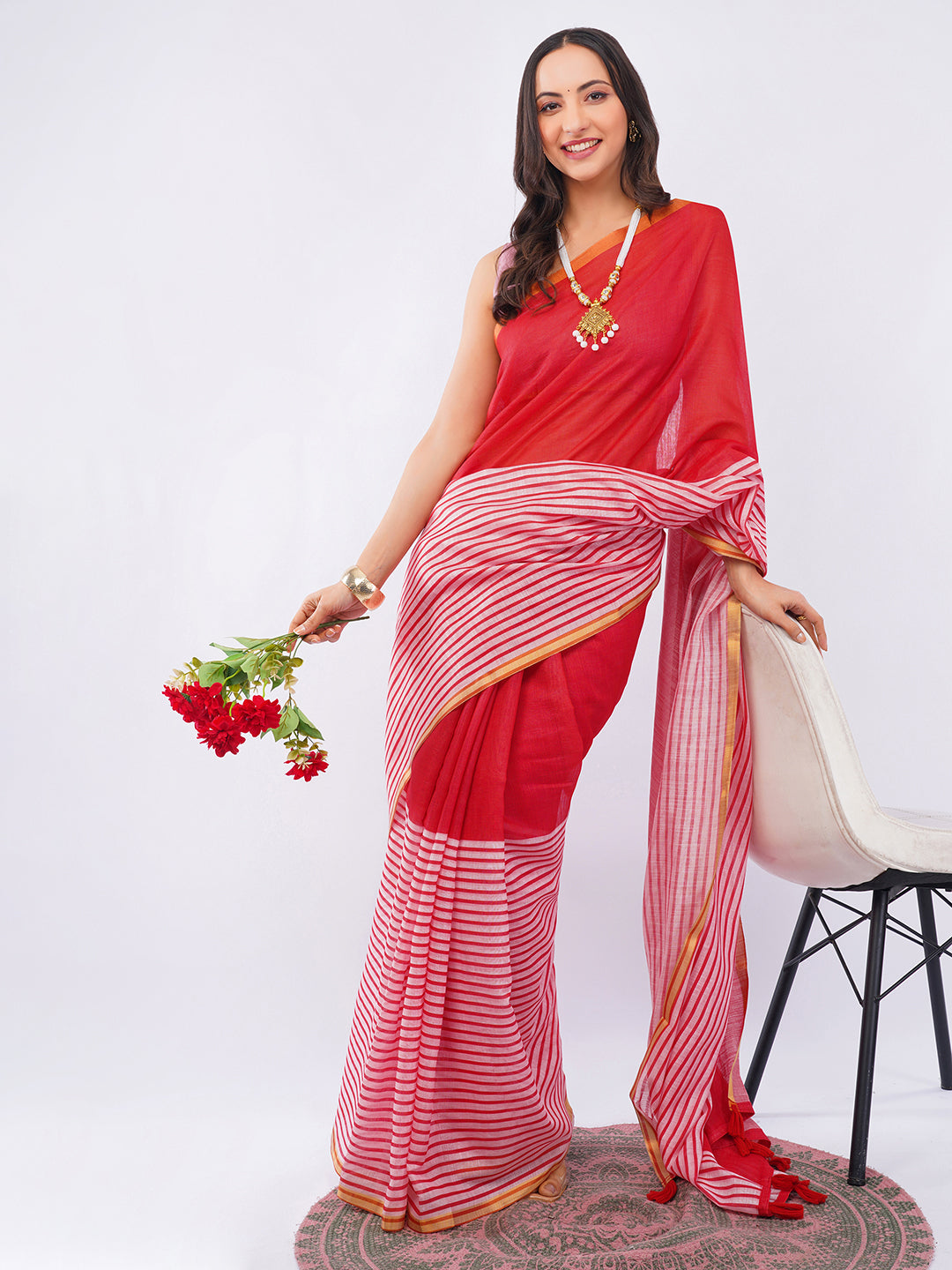 Samantha Women's Crimson Red & White Striped Linen Saree with Contrast Blouse | Bold Breathable Summer Wear