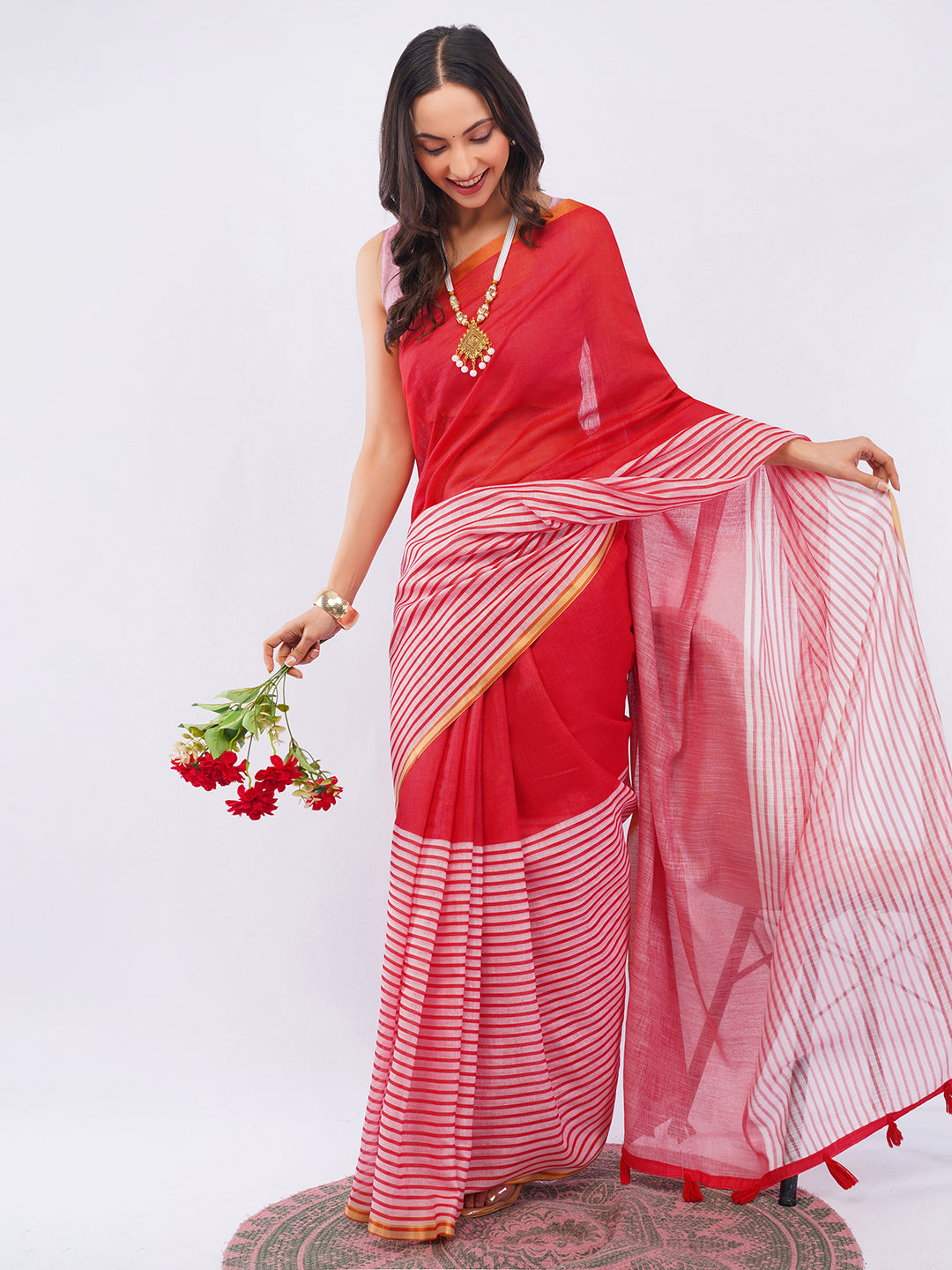 Samantha Women's Crimson Red & White Striped Linen Saree with Contrast Blouse | Bold Breathable Summer Wear