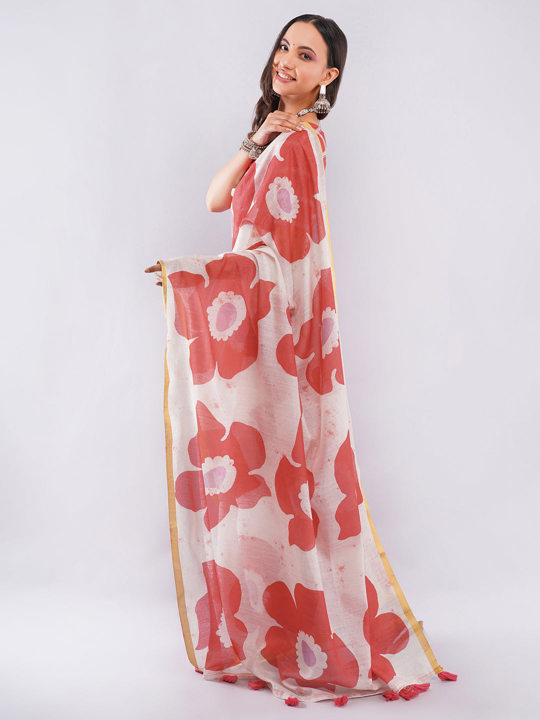 Samantha Women's Red & Peach Ombre Linen Saree with Tropical Leaf Print & Solid Blouse | Breathable Summer Vacation Wear