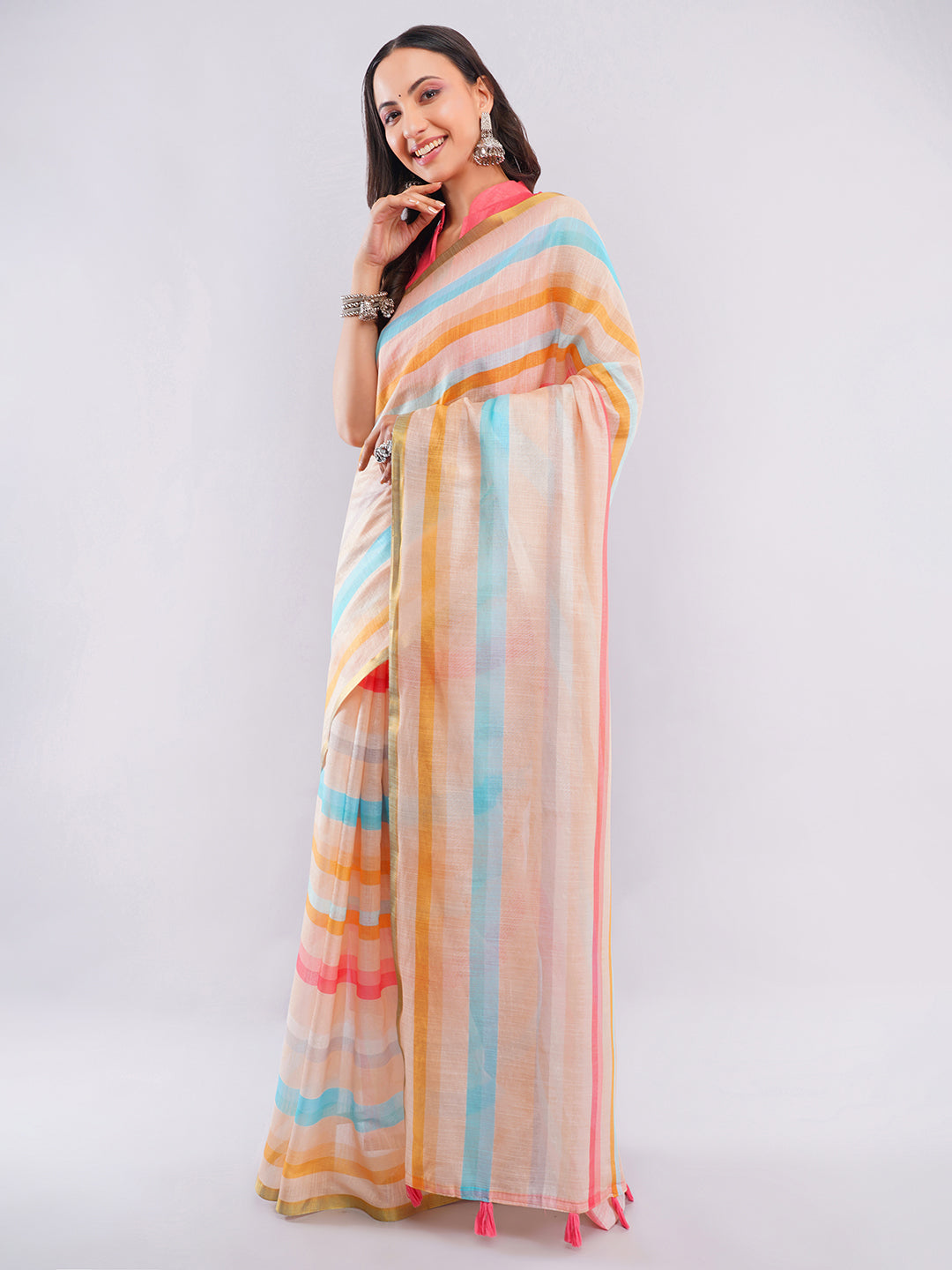 Samantha Women's Multicolor Pastel Striped Linen Saree with Golden Zari Border | Breathable Summer Day Wear