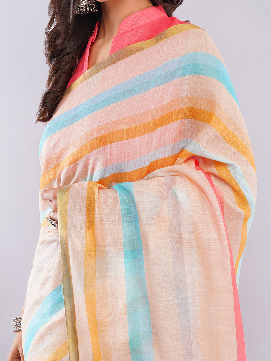 Samantha Women's Multicolor Pastel Striped Linen Saree with Golden Zari Border | Breathable Summer Day Wear