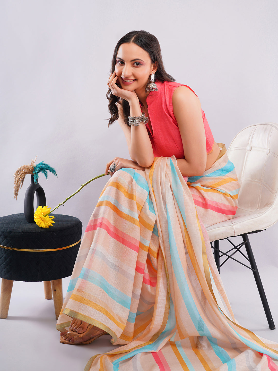 Samantha Women's Multicolor Pastel Striped Linen Saree with Golden Zari Border | Breathable Summer Day Wear