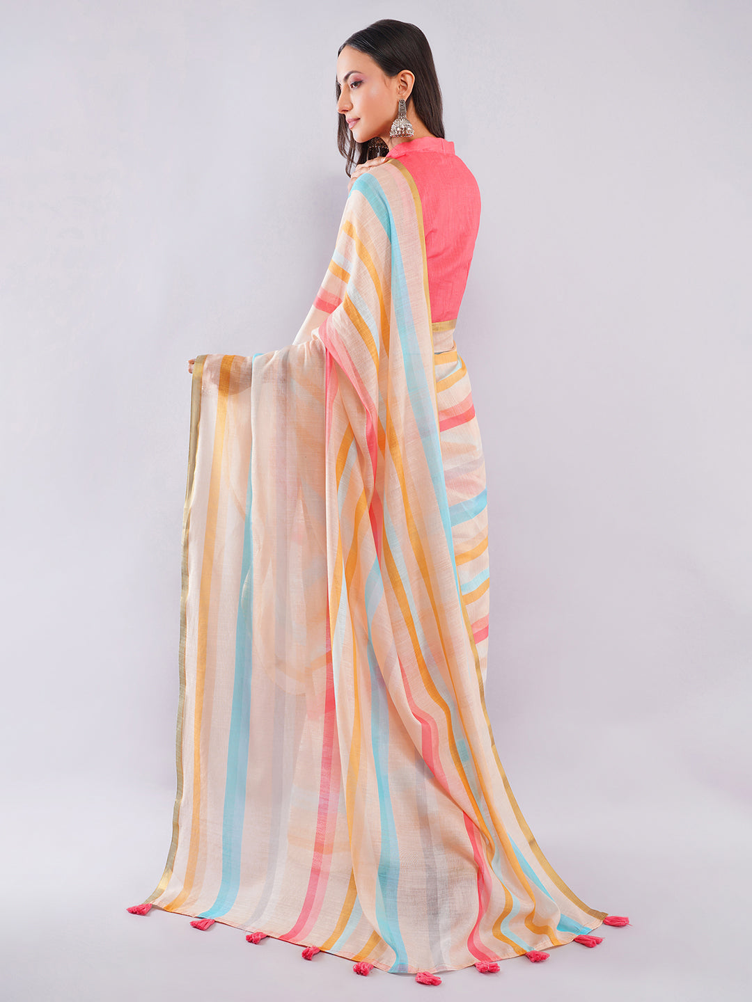 Samantha Women's Multicolor Pastel Striped Linen Saree with Golden Zari Border | Breathable Summer Day Wear