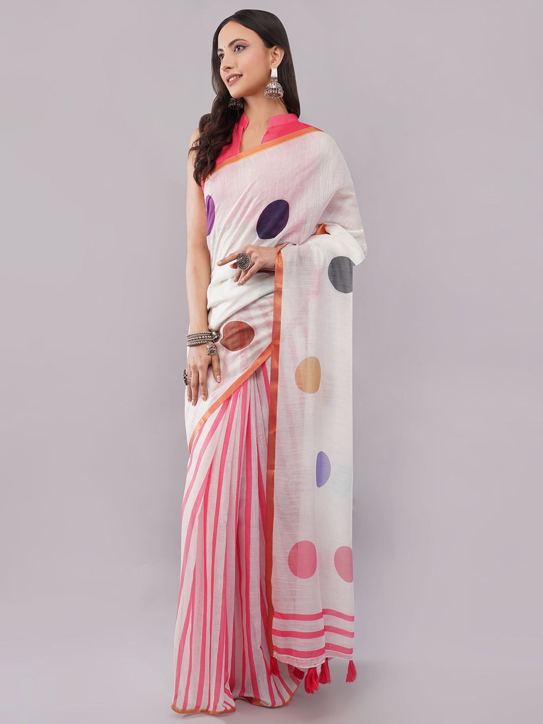 Samantha Women's White & Pink Linen Saree with Multicolor Polka Dots & Striped Pleats | Retro Pop-Art Summer Wear