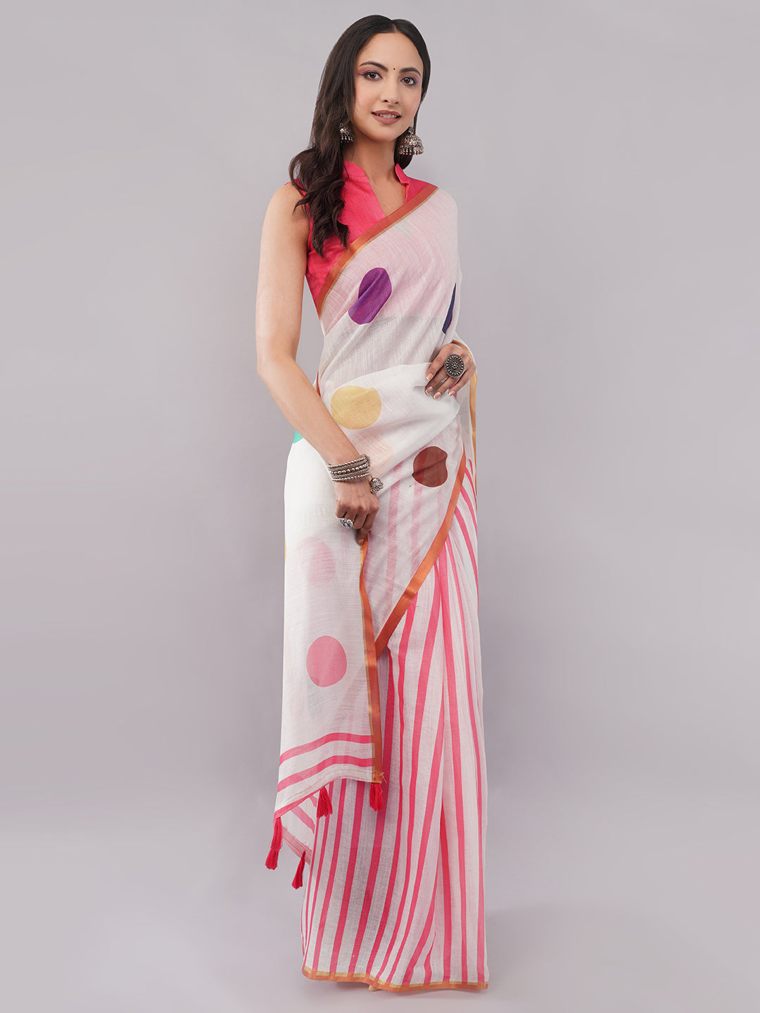 Samantha Women's White & Pink Linen Saree with Multicolor Polka Dots & Striped Pleats | Retro Pop-Art Summer Wear