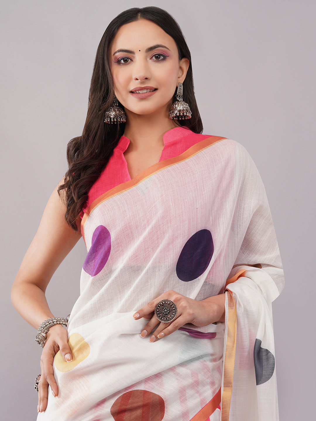 Samantha Women's White & Pink Linen Saree with Multicolor Polka Dots & Striped Pleats | Retro Pop-Art Summer Wear