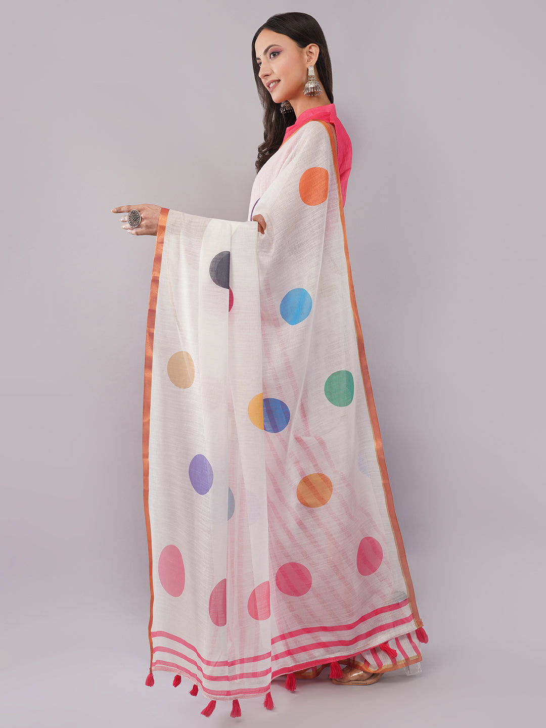 Samantha Women's White & Pink Linen Saree with Multicolor Polka Dots & Striped Pleats | Retro Pop-Art Summer Wear