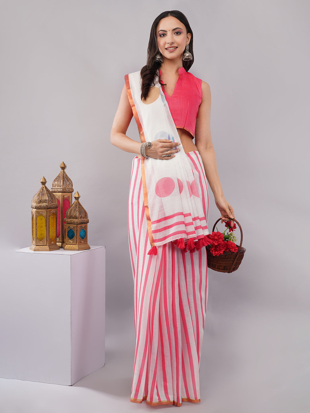 Samantha Women's White & Pink Linen Saree with Multicolor Polka Dots & Striped Pleats | Retro Pop-Art Summer Wear
