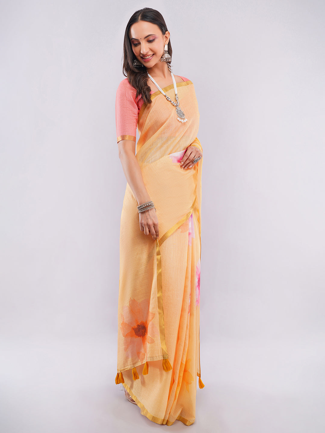 Samantha Women's Amber Yellow Linen Saree with Watercolor Hibiscus Floral Prints & Zari Border | Breathable Summer Day Wear