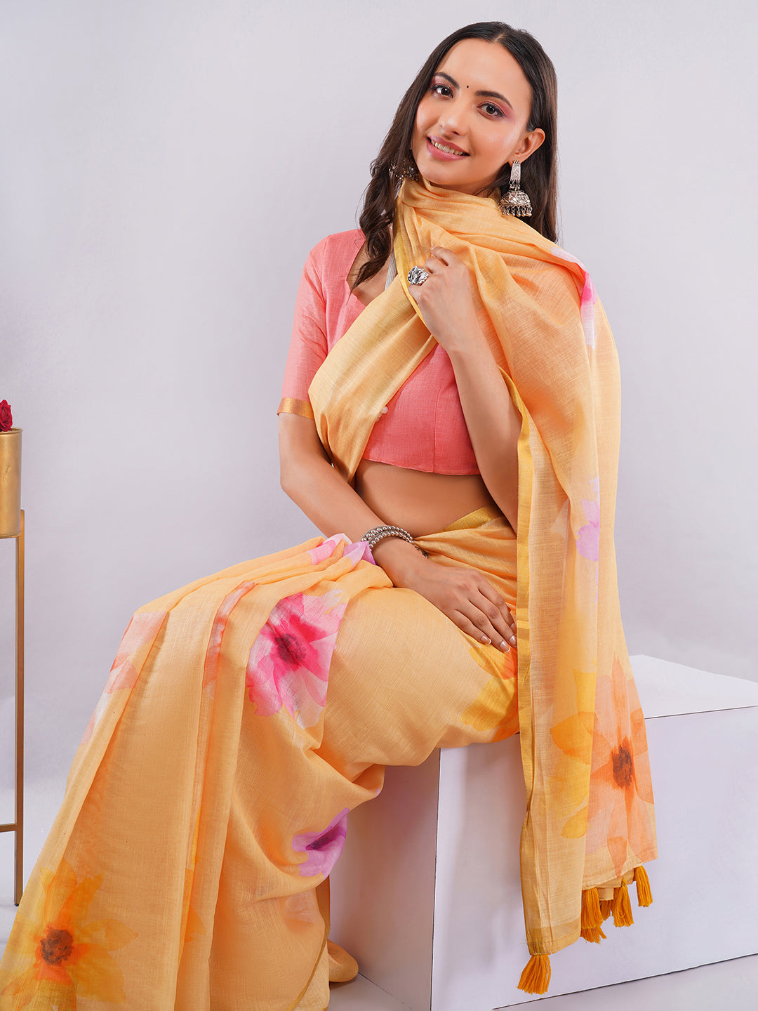 Samantha Women's Amber Yellow Linen Saree with Watercolor Hibiscus Floral Prints & Zari Border | Breathable Summer Day Wear