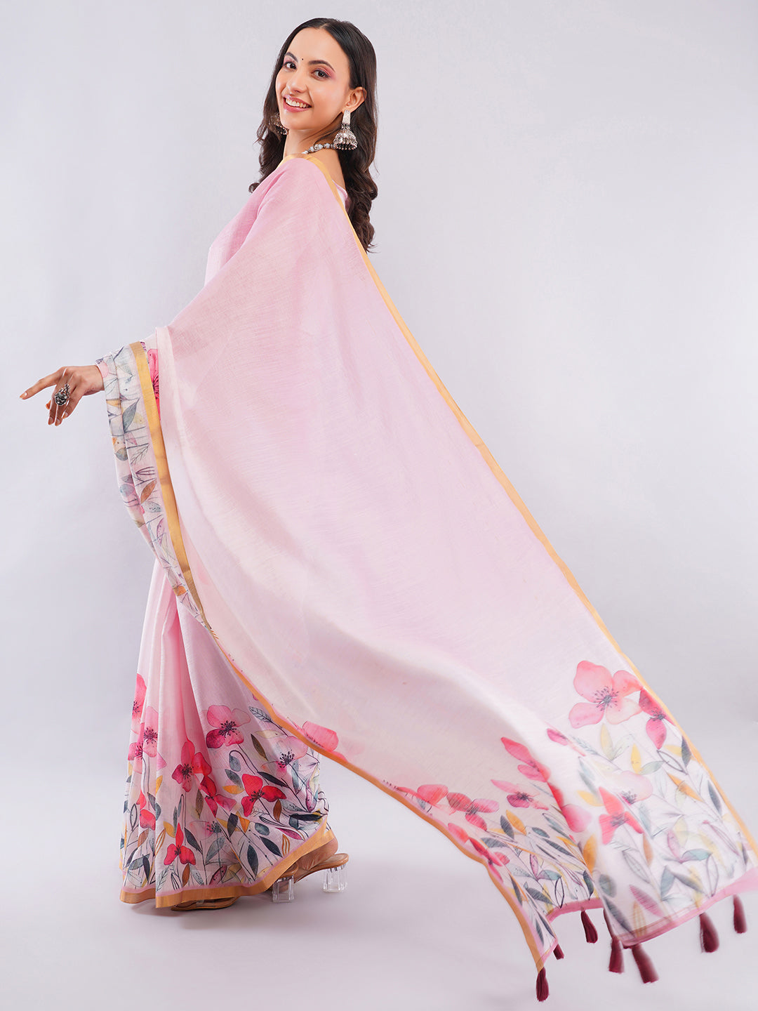 Samantha Women's Baby Pink Linen Saree with Multicolor Wildflower Floral Print & Zari Border | Breathable Elegant Summer Wear