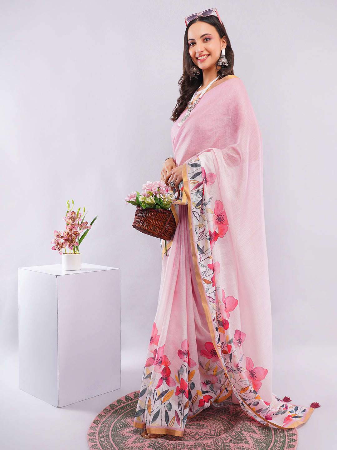 Samantha Women's Baby Pink Linen Saree with Multicolor Wildflower Floral Print & Zari Border | Breathable Elegant Summer Wear