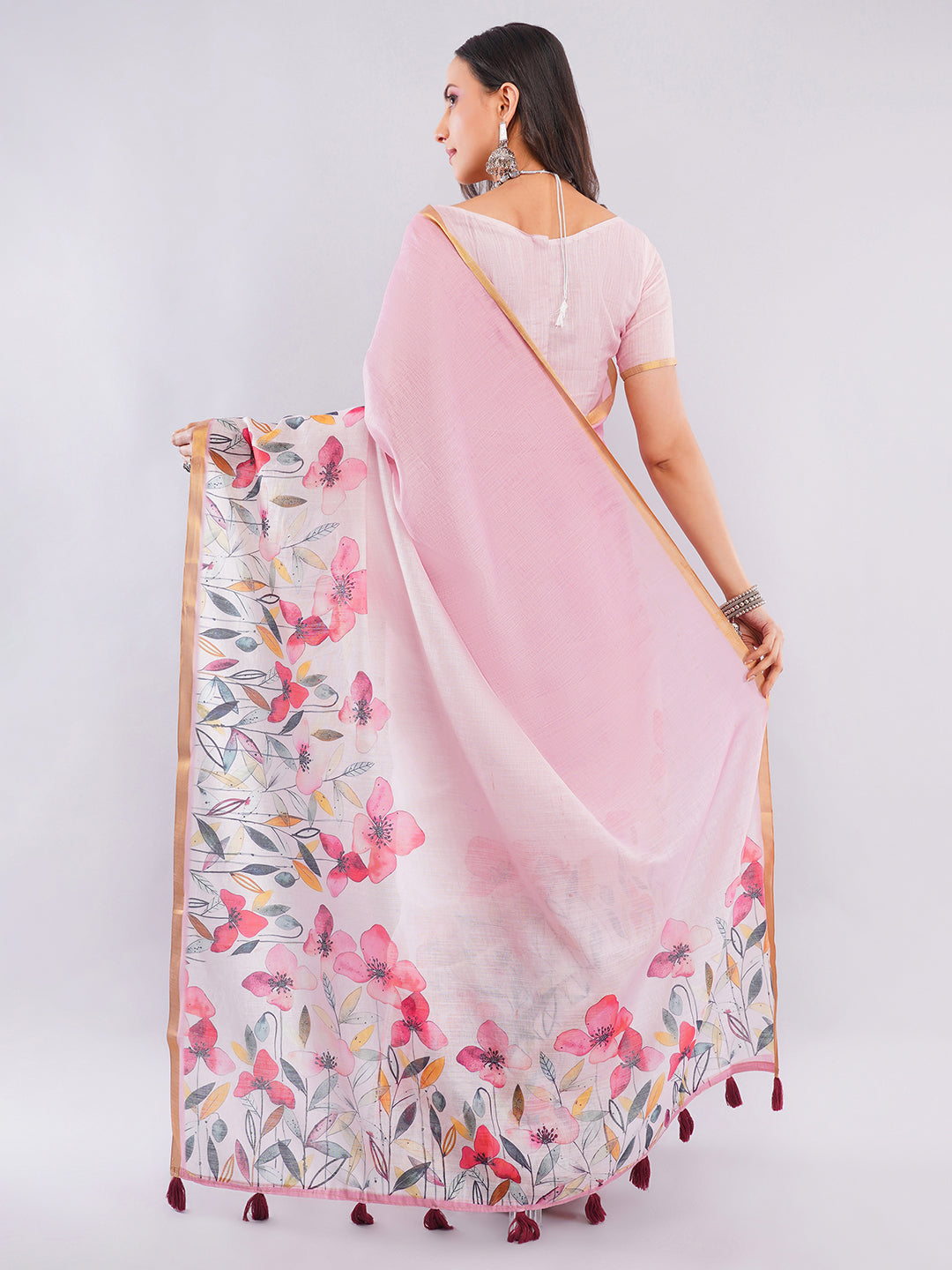 Samantha Women's Baby Pink Linen Saree with Multicolor Wildflower Floral Print & Zari Border | Breathable Elegant Summer Wear