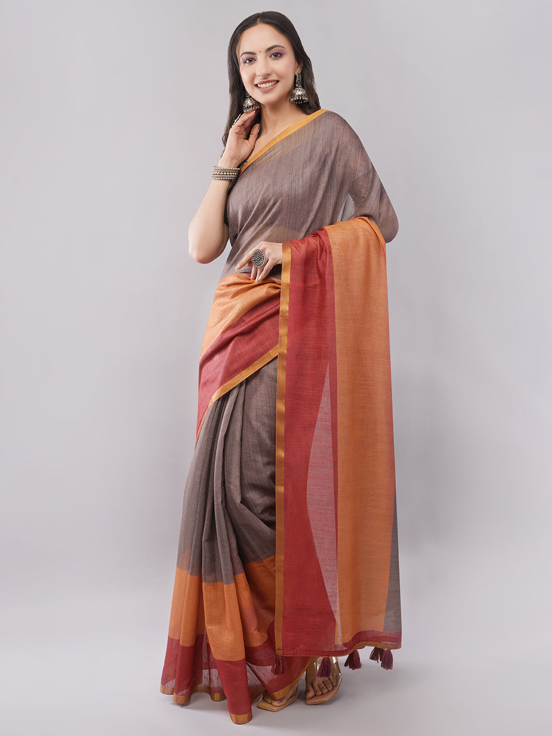 Samantha Women's Coffee Brown Linen Saree with Sunset Orange & Maroon Border | Breathable Earthy Office Wear