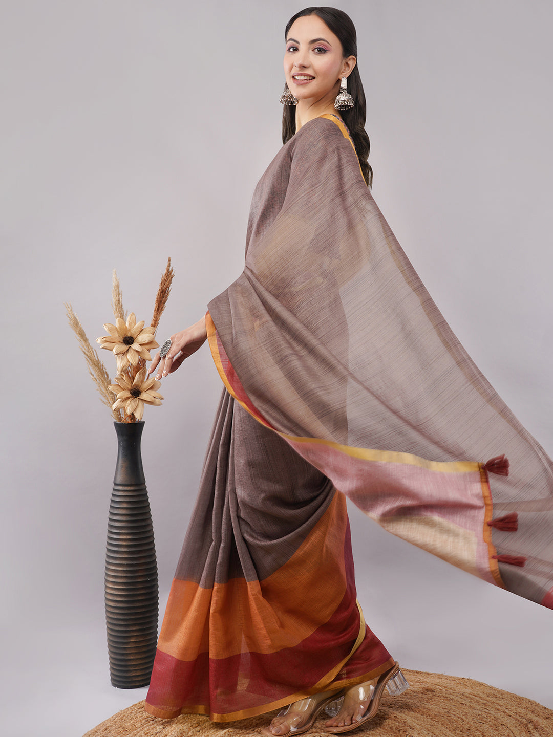 Samantha Women's Coffee Brown Linen Saree with Sunset Orange & Maroon Border | Breathable Earthy Office Wear