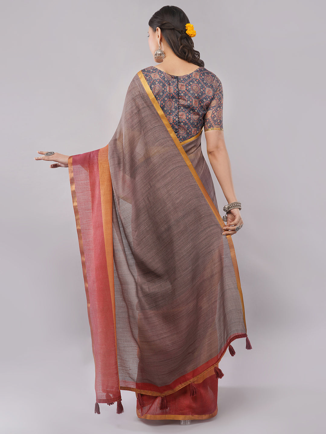 Samantha Women's Coffee Brown Linen Saree with Sunset Orange & Maroon Border | Breathable Earthy Office Wear