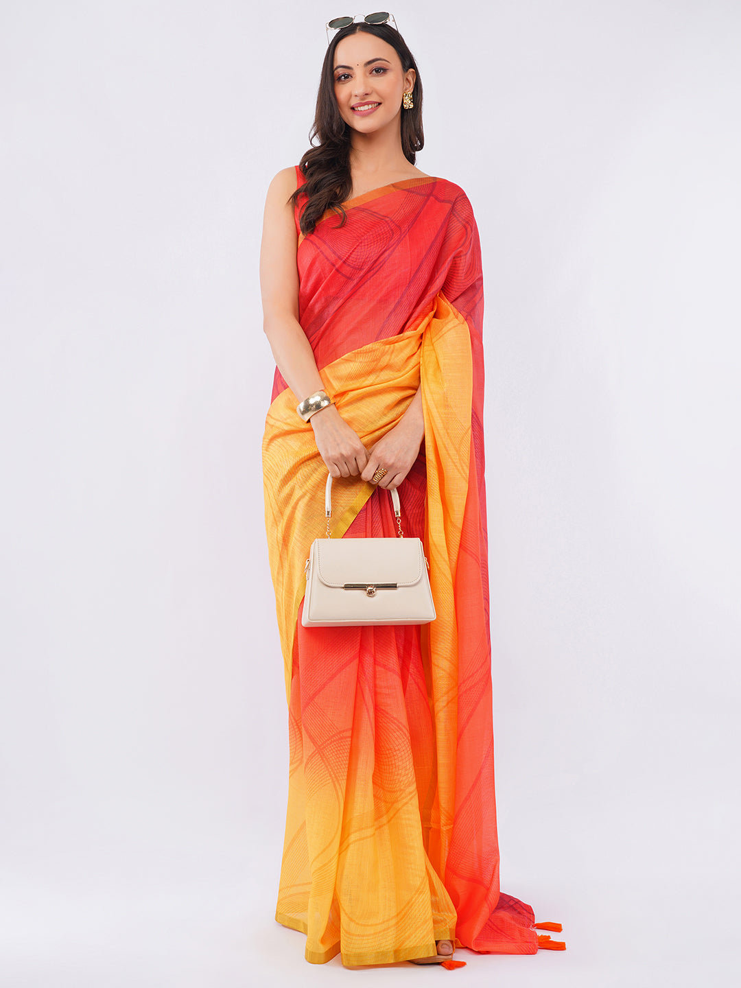 Samantha Women's Red & Honey Yellow Ombre Linen Saree with Subtle Geometric Patterns | Breathable Gradient Summer Festive Wear