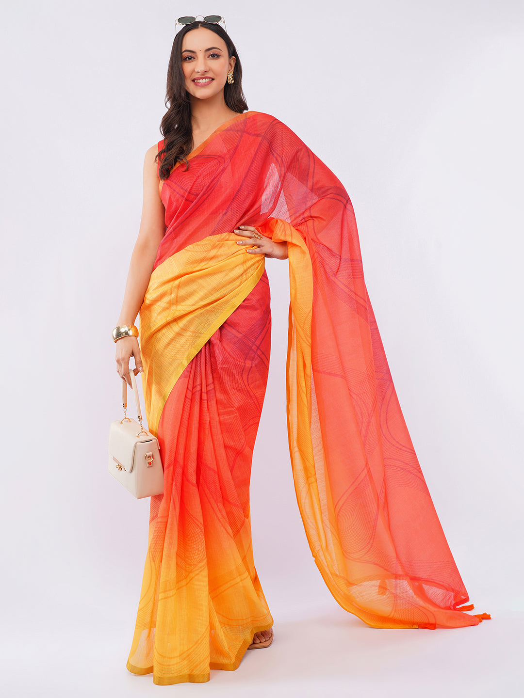 Samantha Women's Red & Honey Yellow Ombre Linen Saree with Subtle Geometric Patterns | Breathable Gradient Summer Festive Wear