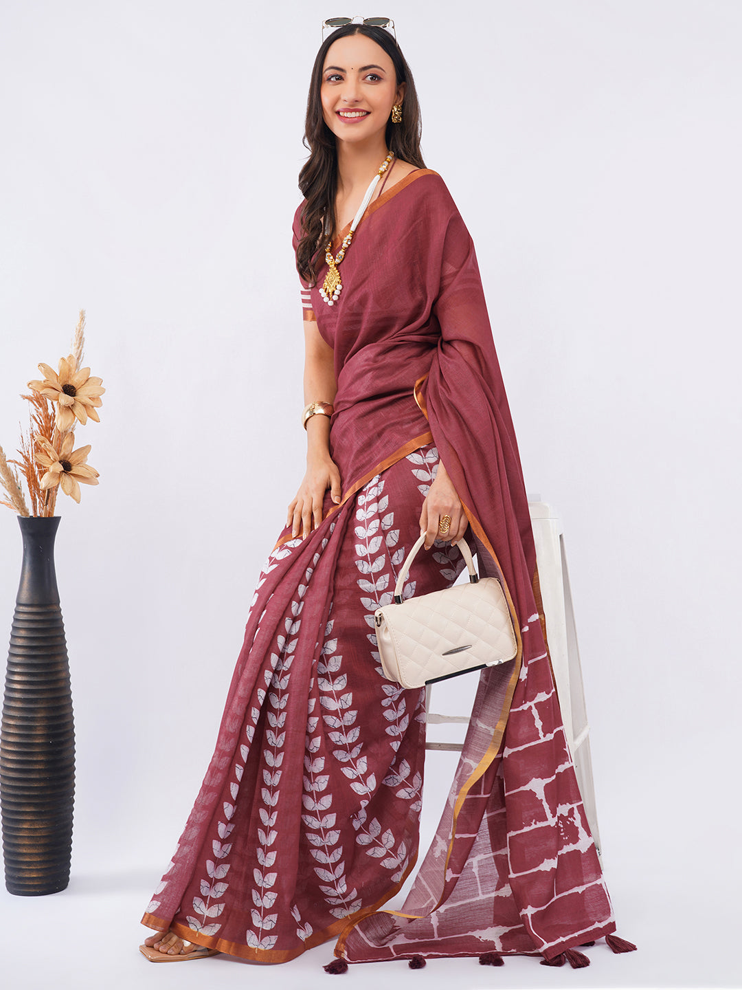 Samantha Women's Deep Maroon Linen Saree with White Brick & Leaf Batik Print | Artistic Breathable Office Wear