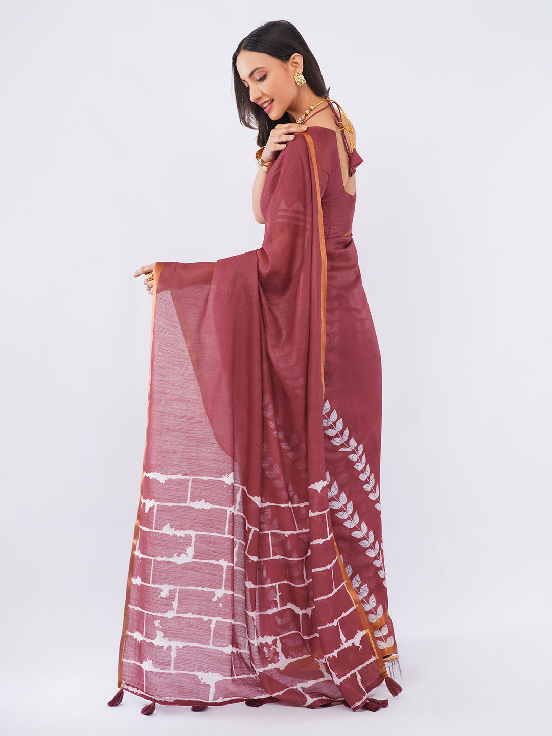 Samantha Women's Deep Maroon Linen Saree with White Brick & Leaf Batik Print | Artistic Breathable Office Wear