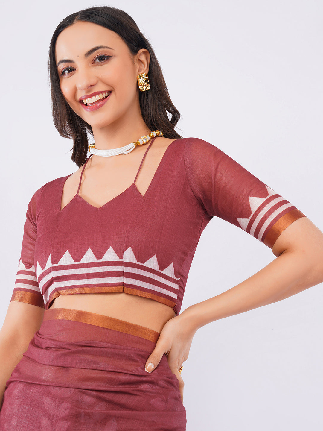 Samantha Women's Deep Maroon Linen Saree with White Brick & Leaf Batik Print | Artistic Breathable Office Wear