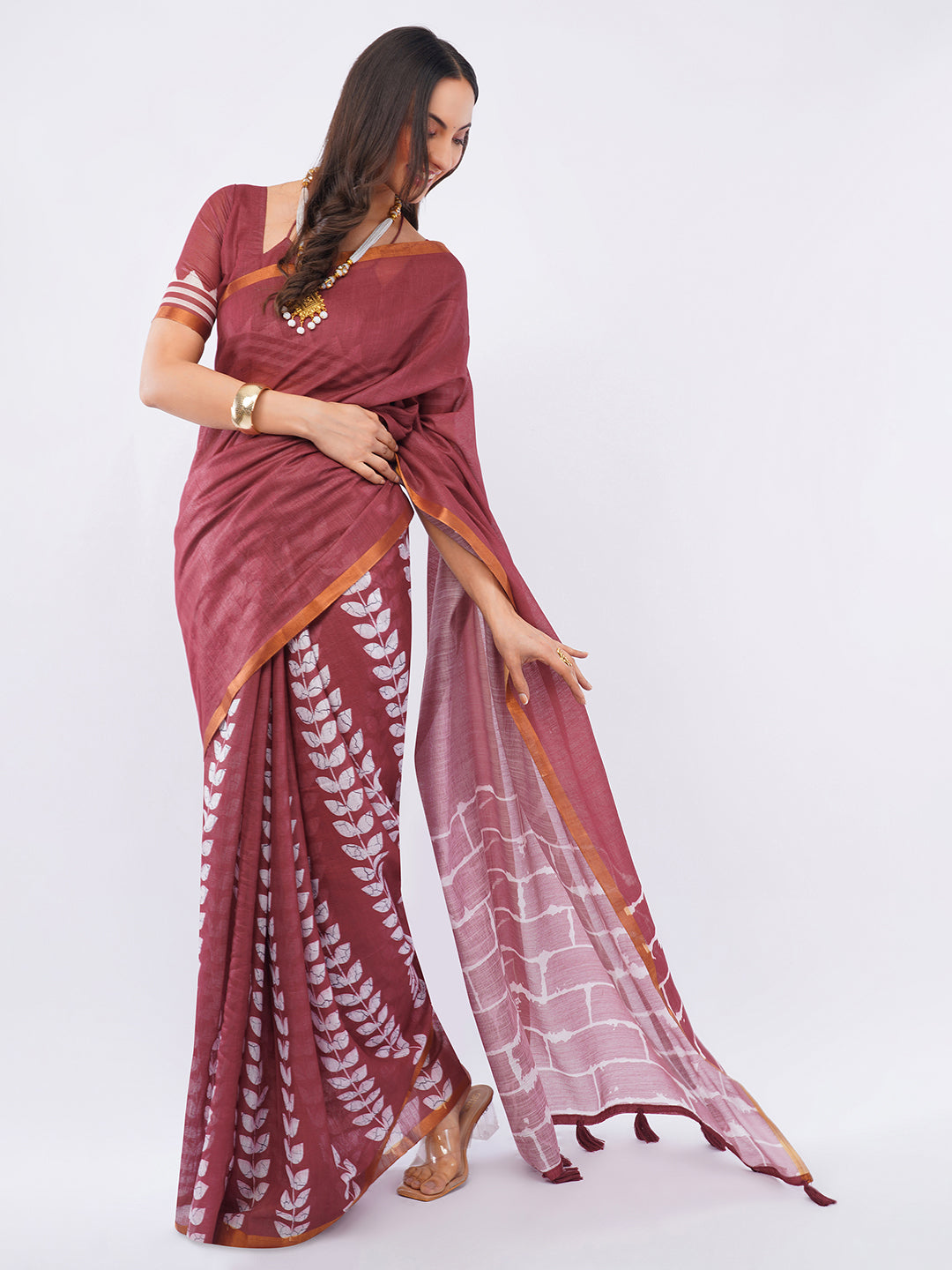 Samantha Women's Deep Maroon Linen Saree with White Brick & Leaf Batik Print | Artistic Breathable Office Wear