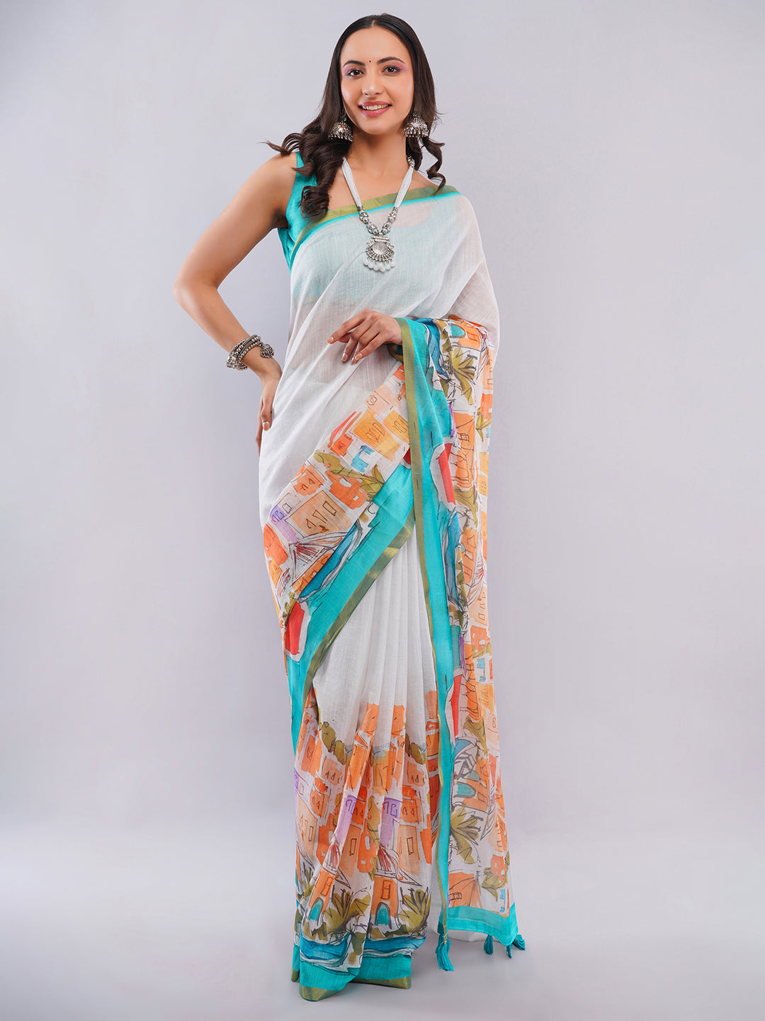 Samantha Women's Off-White Linen Saree with Mediterranean Cityscape Digital Print & Turquoise Blouse | Breathable Vacation Wear