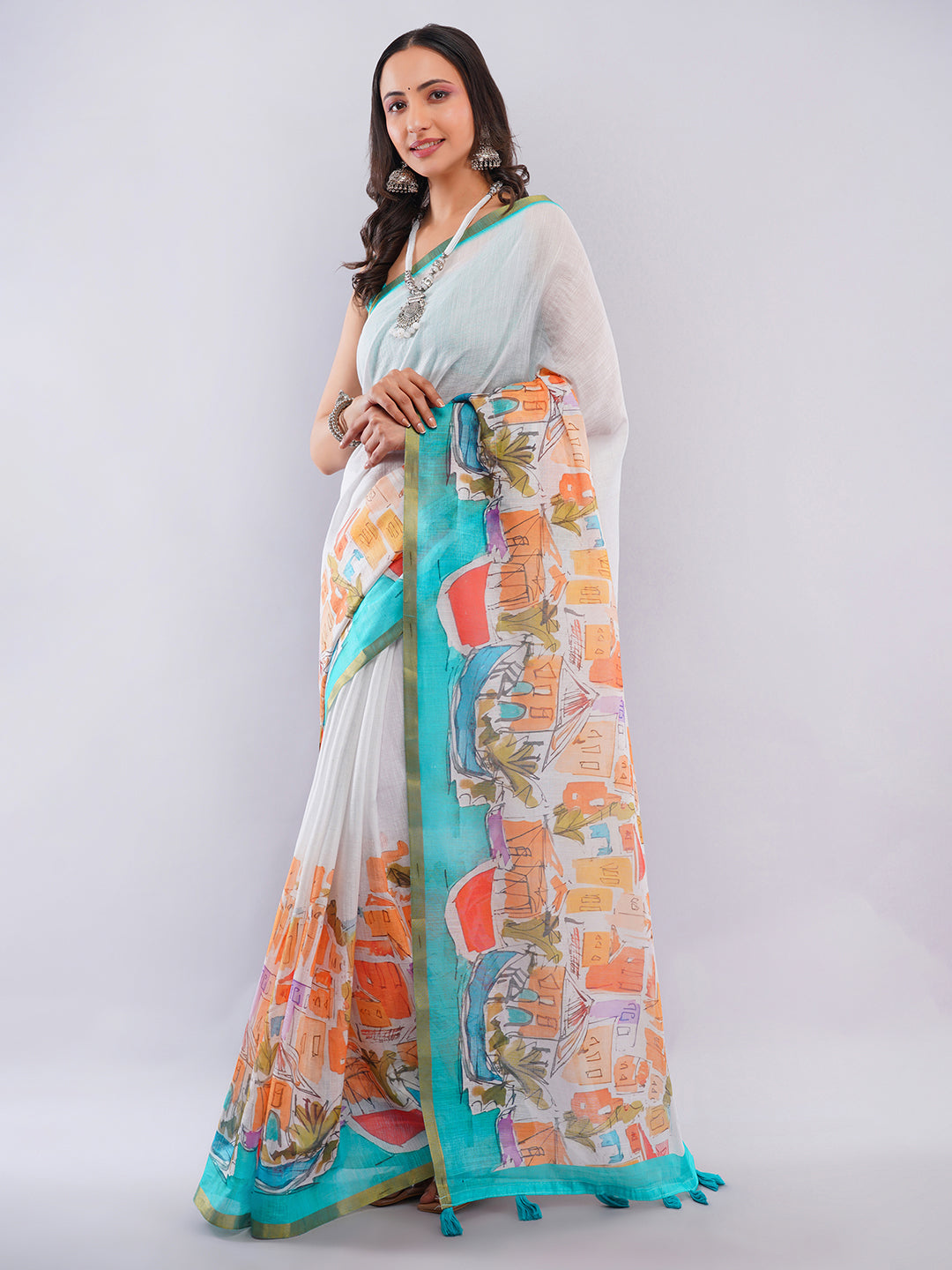 Samantha Women's Off-White Linen Saree with Mediterranean Cityscape Digital Print & Turquoise Blouse | Breathable Vacation Wear