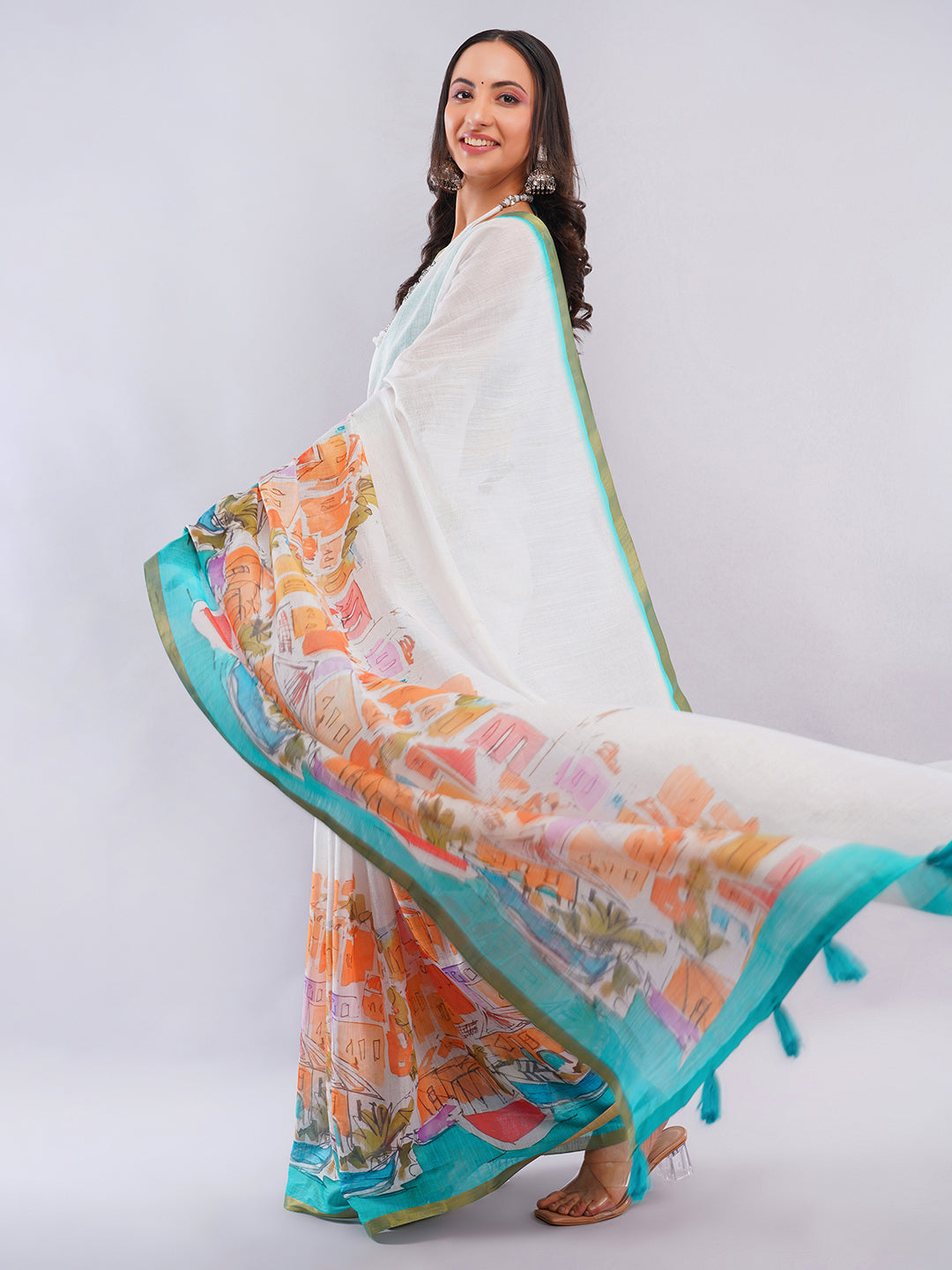 Samantha Women's Off-White Linen Saree with Mediterranean Cityscape Digital Print & Turquoise Blouse | Breathable Vacation Wear