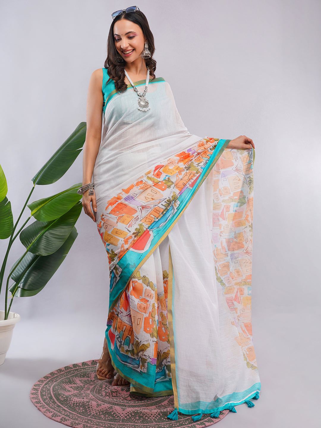 Samantha Women's Off-White Linen Saree with Mediterranean Cityscape Digital Print & Turquoise Blouse | Breathable Vacation Wear
