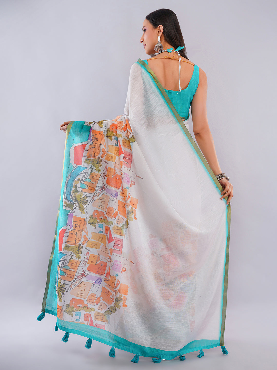 Samantha Women's Off-White Linen Saree with Mediterranean Cityscape Digital Print & Turquoise Blouse | Breathable Vacation Wear