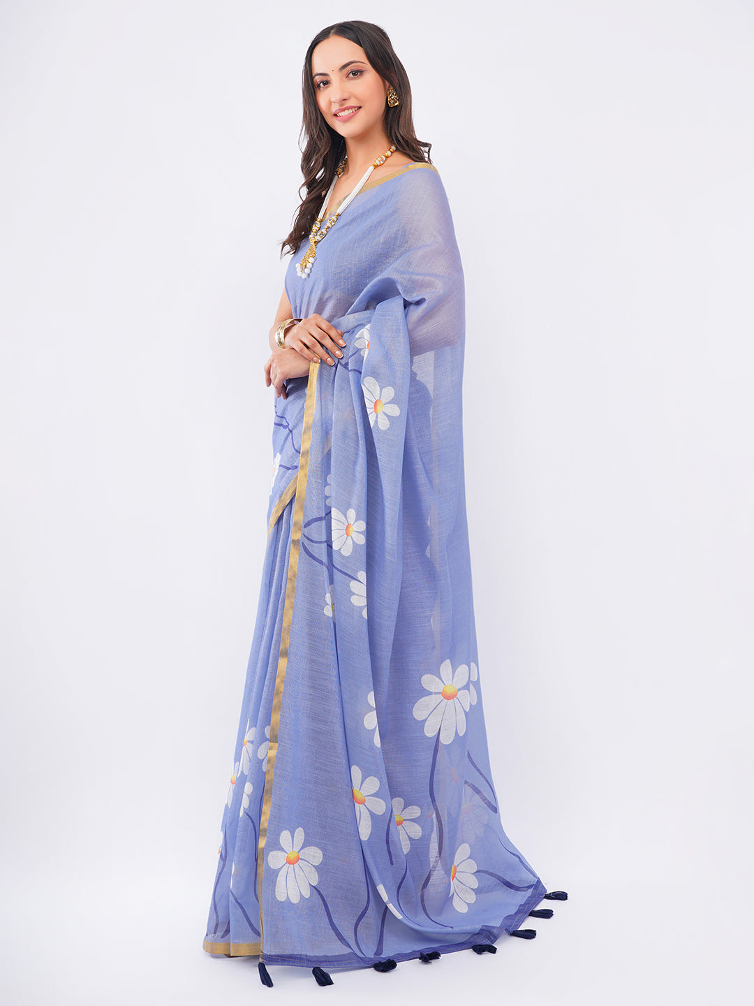 Samantha Women's Violet Lavender Linen Saree with White Daisy Floral Prints & Zari Border | Breathable Summer Day Wear