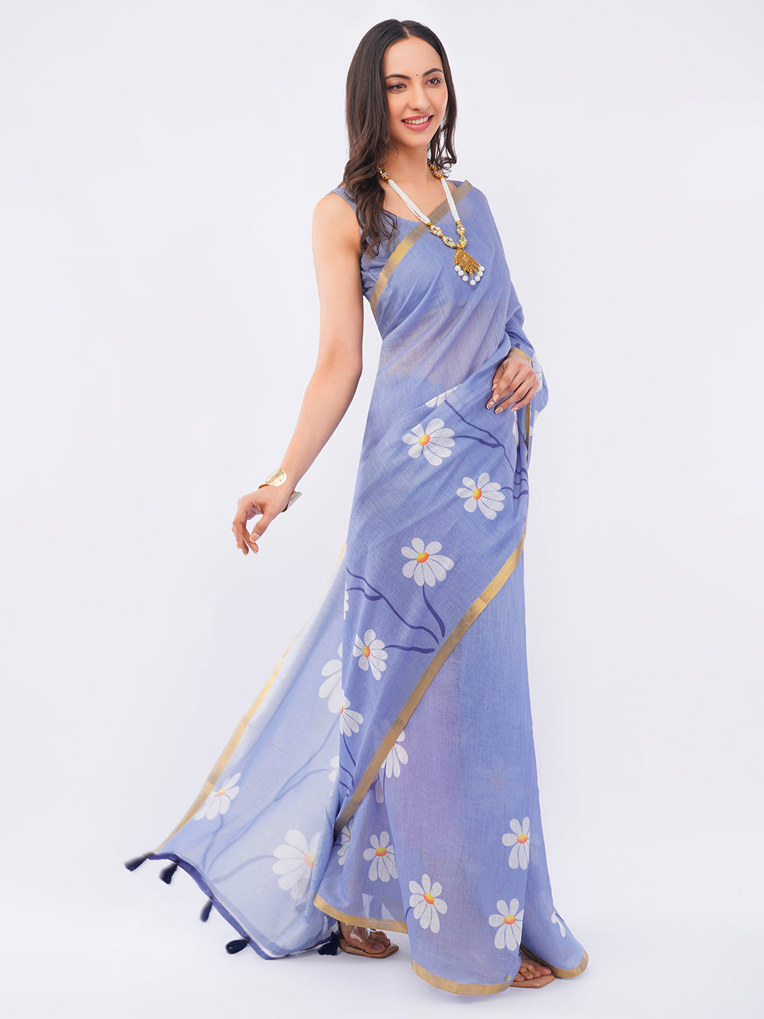 Samantha Women's Violet Lavender Linen Saree with White Daisy Floral Prints & Zari Border | Breathable Summer Day Wear