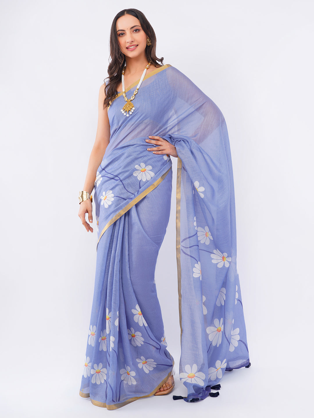 Samantha Women's Violet Lavender Linen Saree with White Daisy Floral Prints & Zari Border | Breathable Summer Day Wear