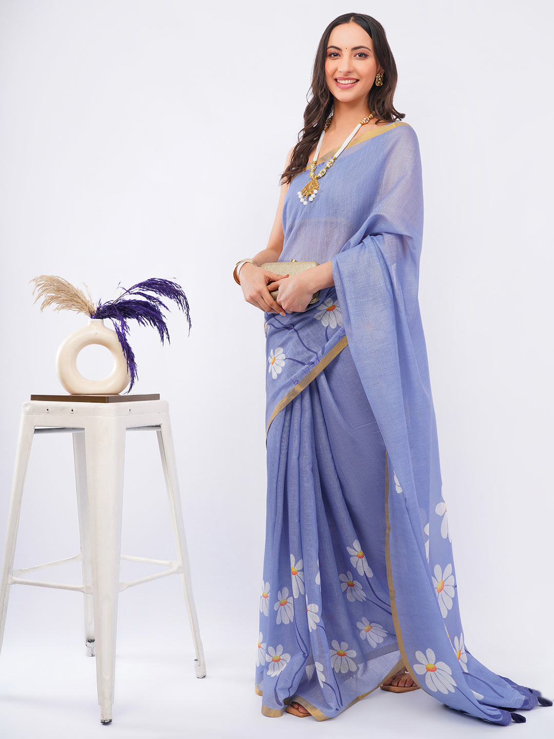 Samantha Women's Violet Lavender Linen Saree with White Daisy Floral Prints & Zari Border | Breathable Summer Day Wear