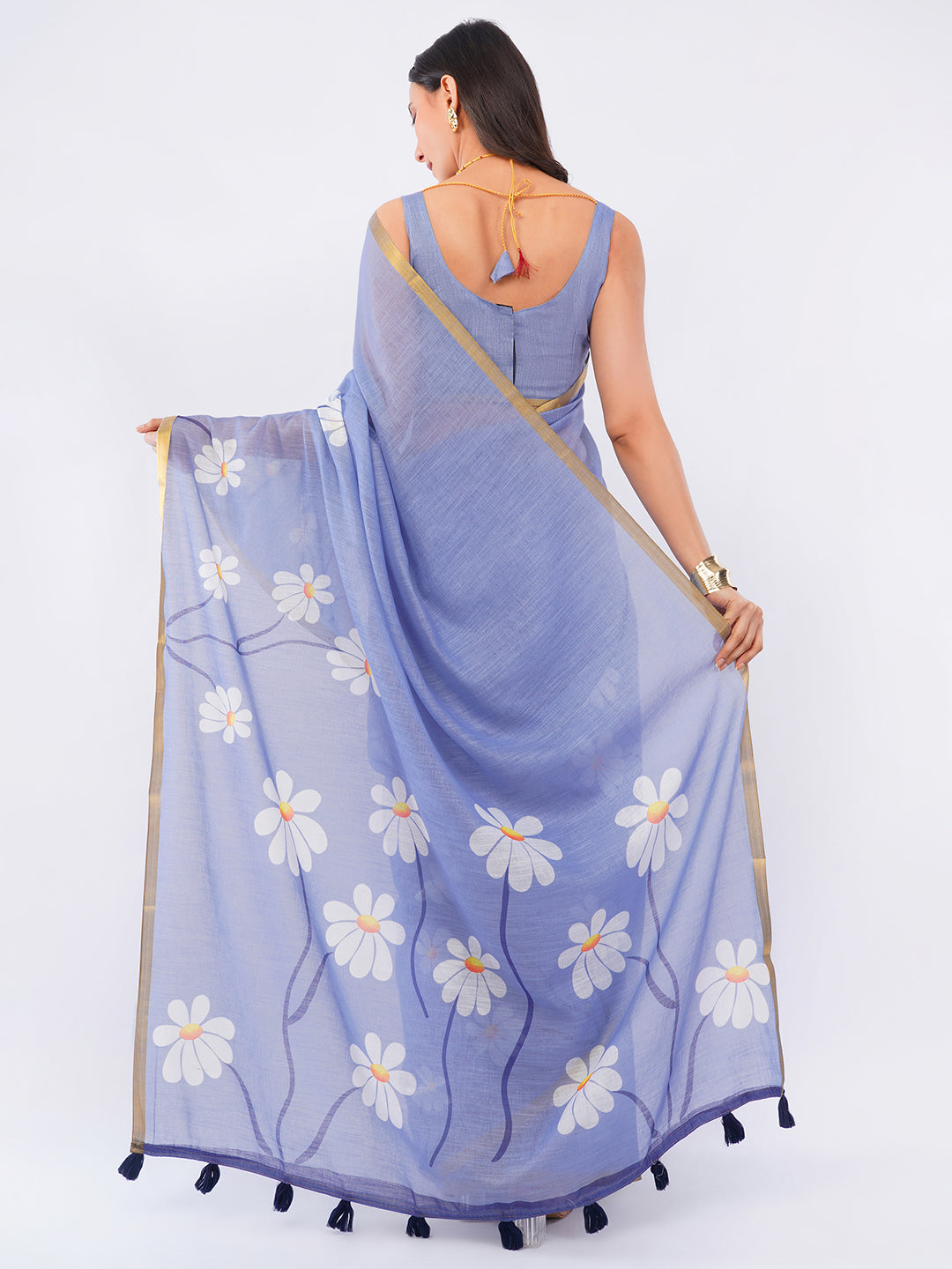 Samantha Women's Violet Lavender Linen Saree with White Daisy Floral Prints & Zari Border | Breathable Summer Day Wear