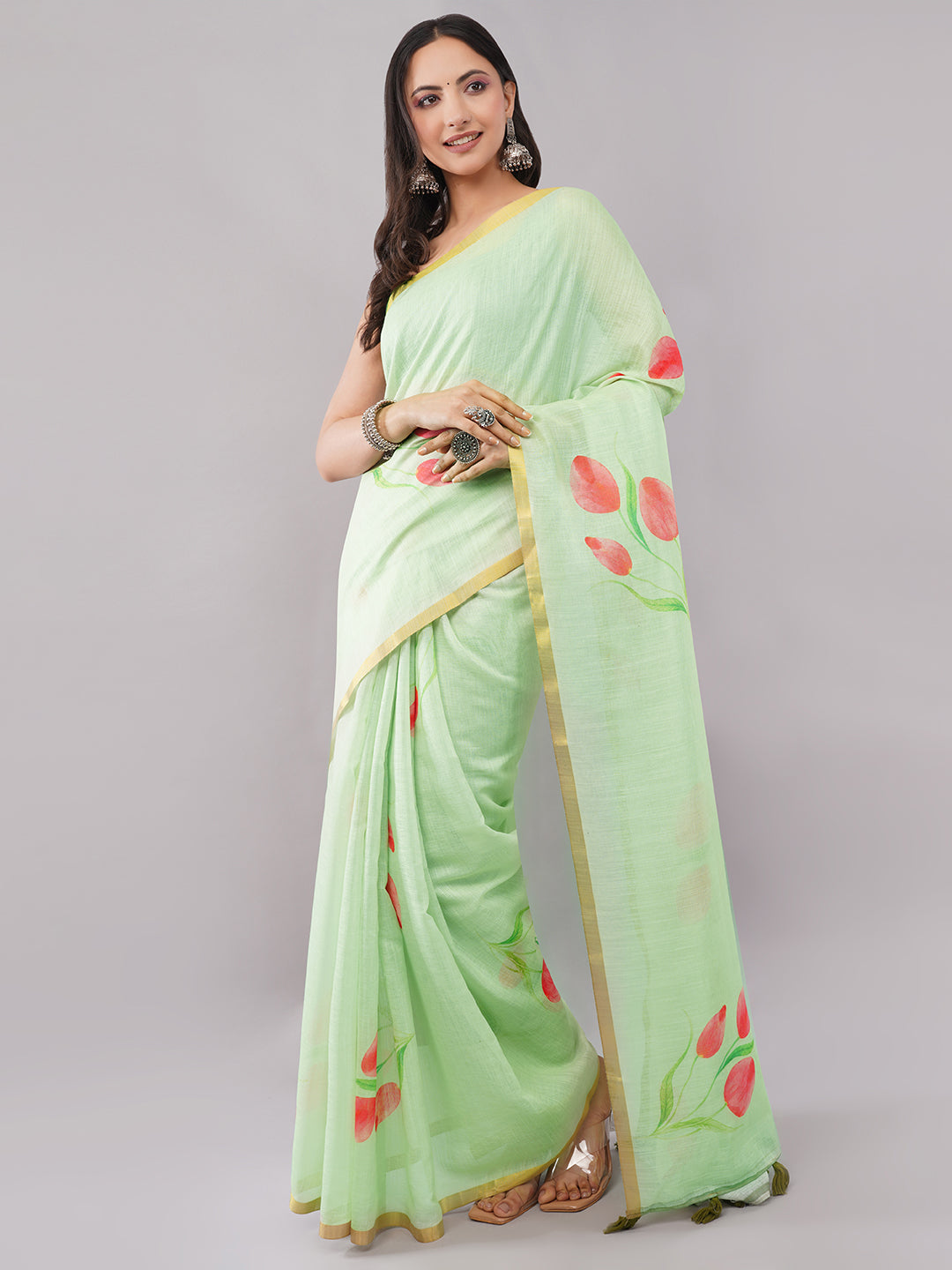 Samantha Women's Mint Green Linen Saree with Red Tulip Floral Print & Golden Zari Border | Breathable Summer Day Wear
